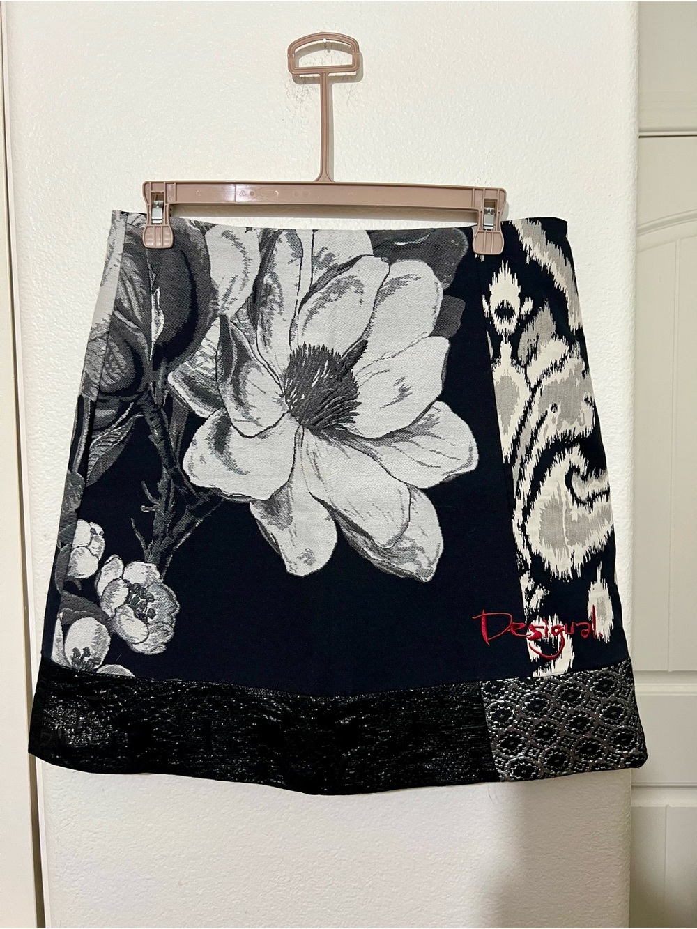 Desigual Black and White & Red Patchwork Jacquard Mini Skirt